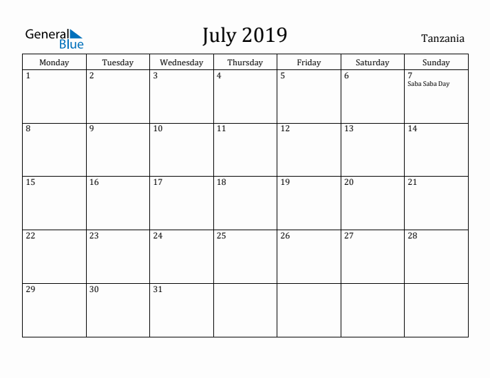 July 2019 Calendar Tanzania