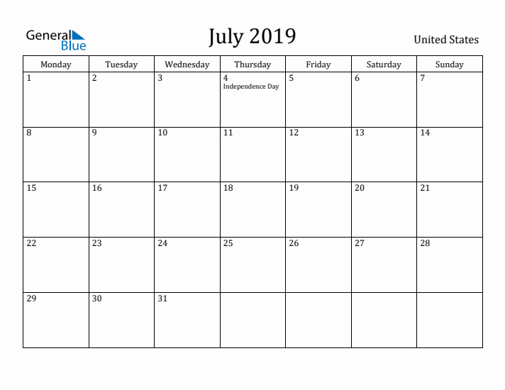 July 2019 Calendar United States