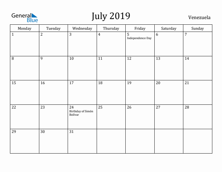 July 2019 Calendar Venezuela
