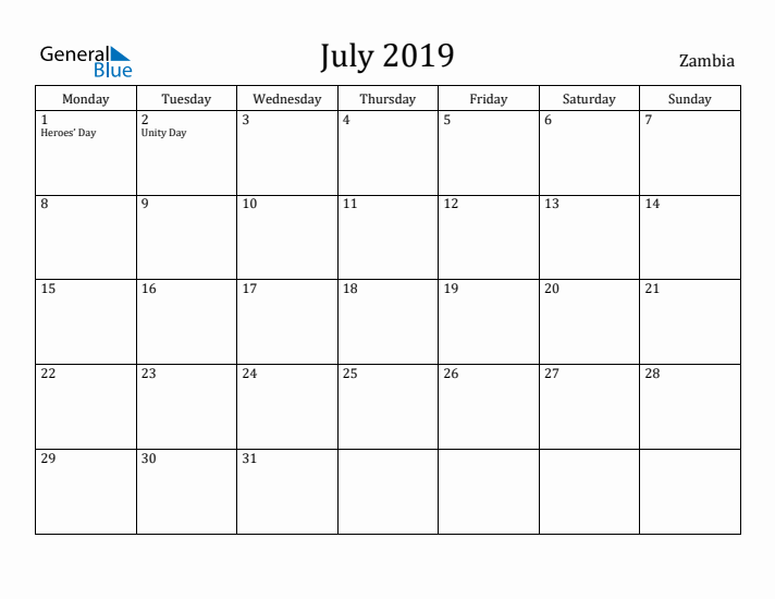 July 2019 Calendar Zambia