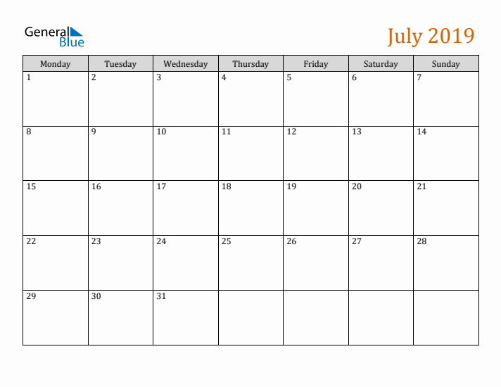 Editable July 2019 Calendar