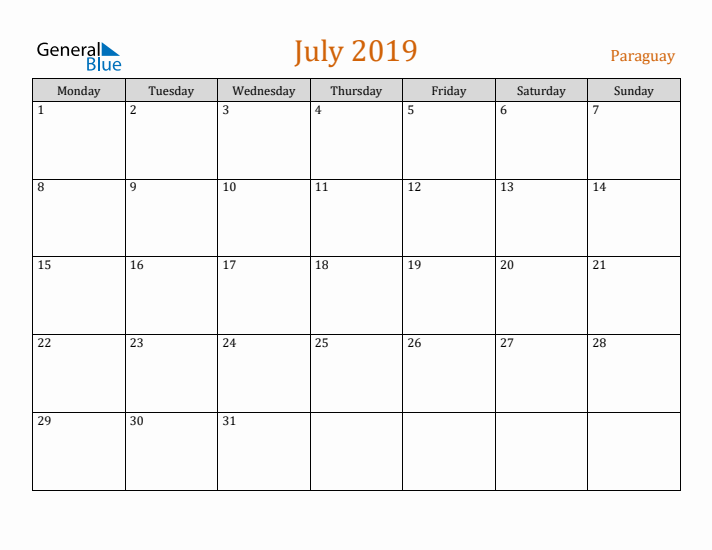 July 2019 Holiday Calendar with Monday Start