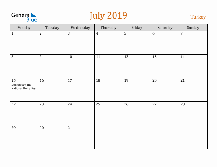 July 2019 Holiday Calendar with Monday Start