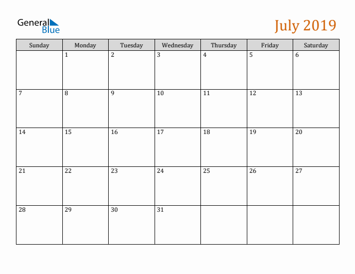 Editable July 2019 Calendar