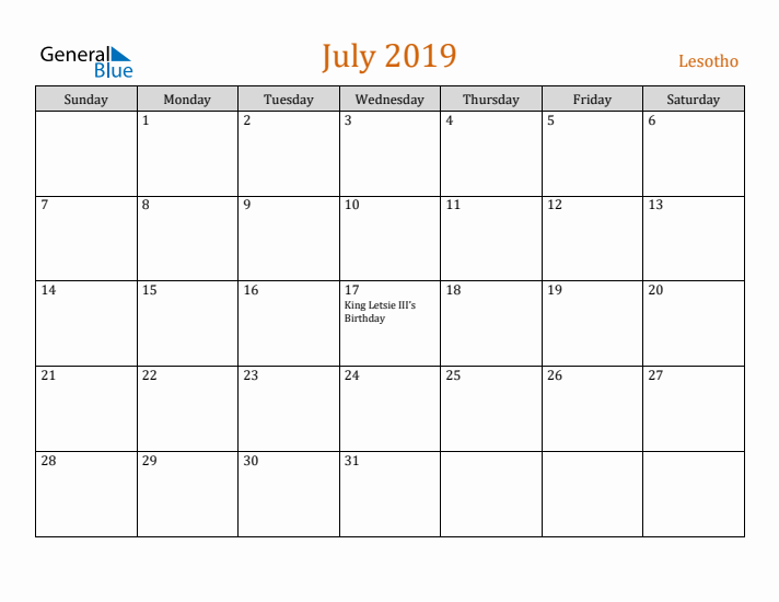 July 2019 Holiday Calendar with Sunday Start