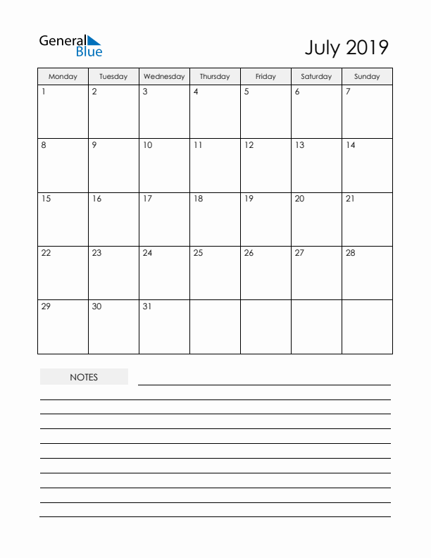 Printable Calendar with Notes - July 2019 