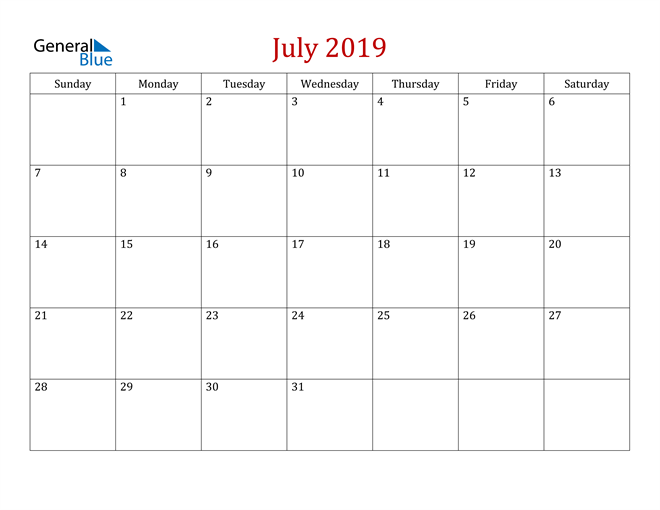  Blank July 2019 Calendar