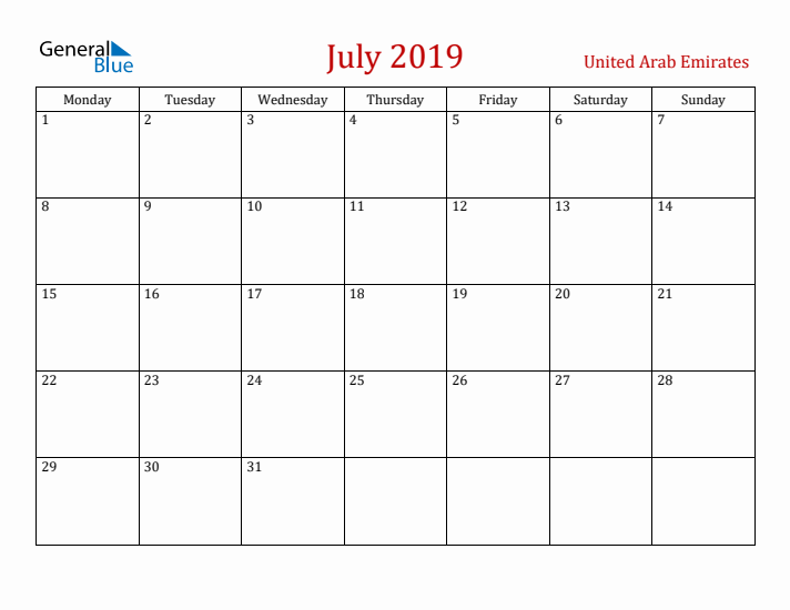 United Arab Emirates July 2019 Calendar - Monday Start