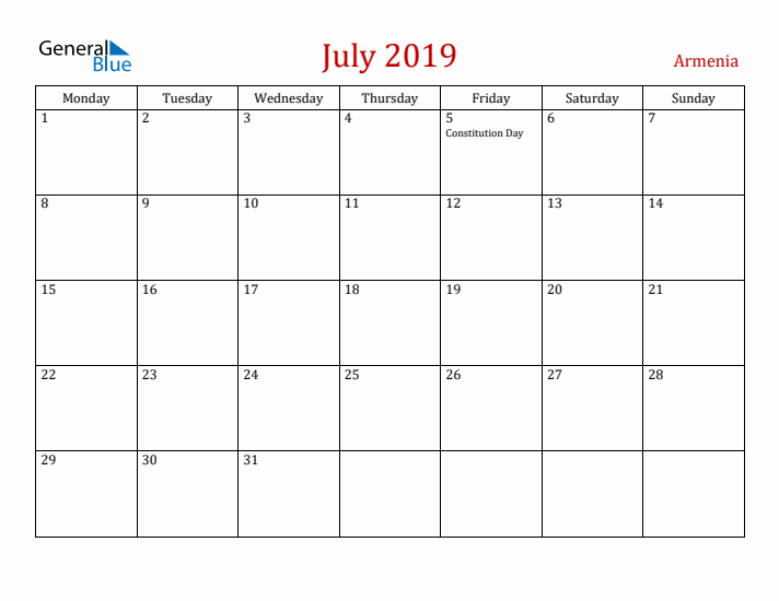 Armenia July 2019 Calendar - Monday Start