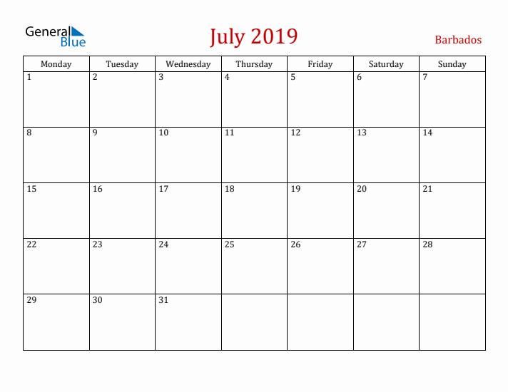 Barbados July 2019 Calendar - Monday Start