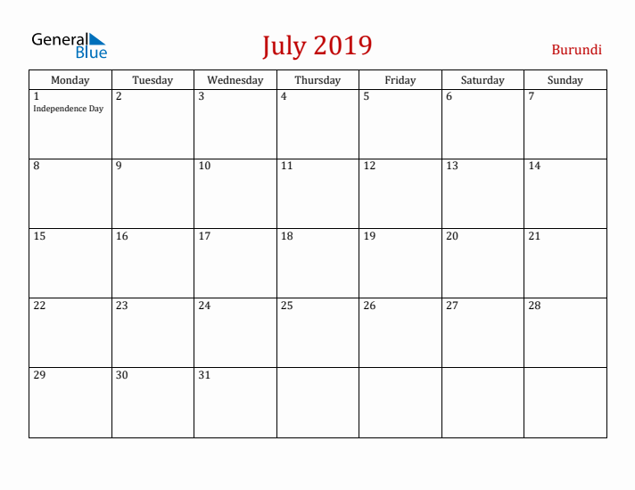 Burundi July 2019 Calendar - Monday Start
