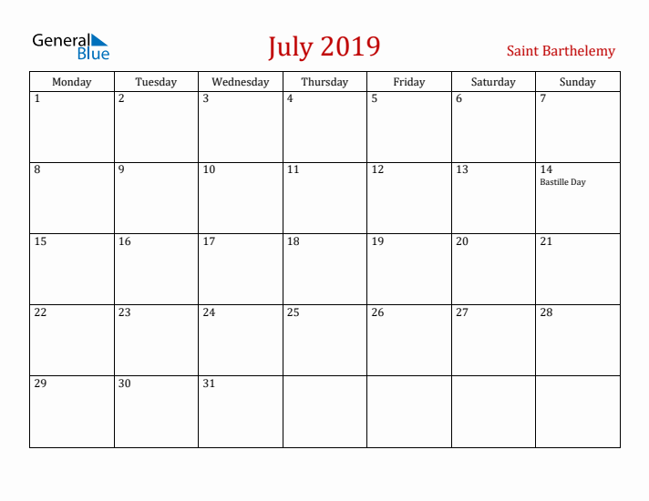 Saint Barthelemy July 2019 Calendar - Monday Start