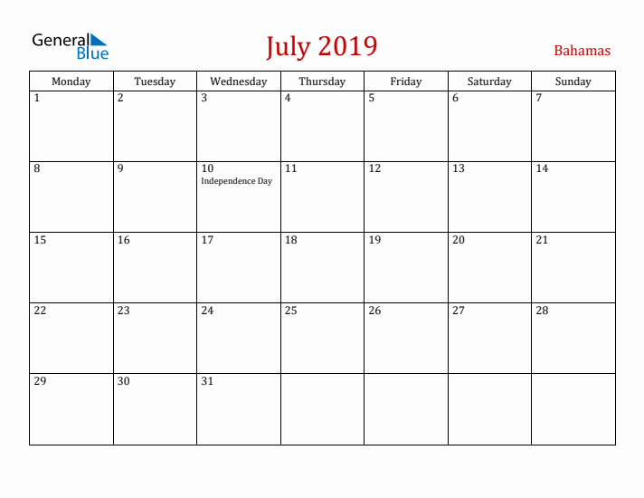 Bahamas July 2019 Calendar - Monday Start