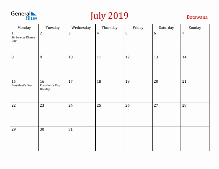 Botswana July 2019 Calendar - Monday Start