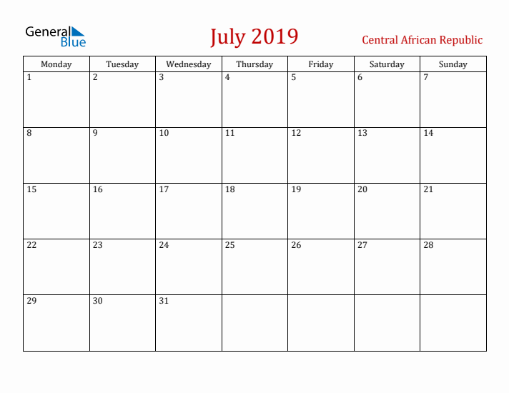 Central African Republic July 2019 Calendar - Monday Start