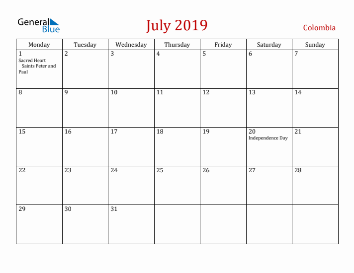 Colombia July 2019 Calendar - Monday Start