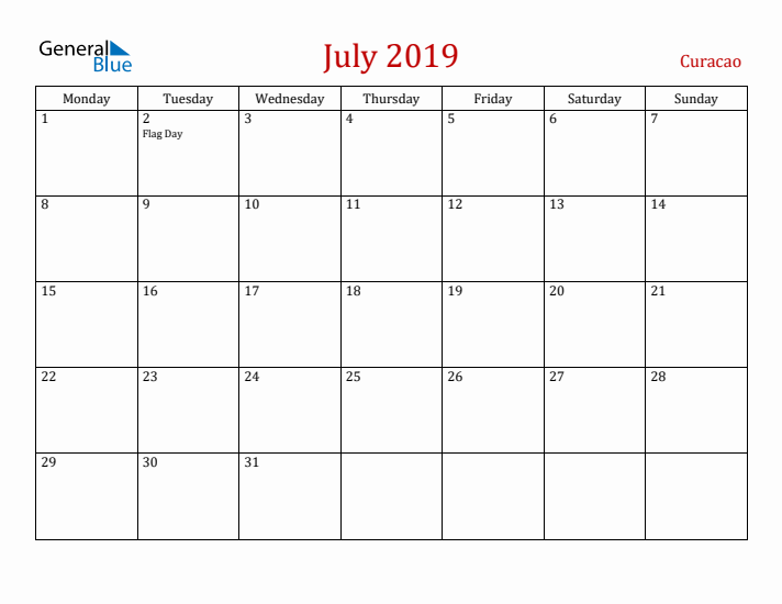 Curacao July 2019 Calendar - Monday Start