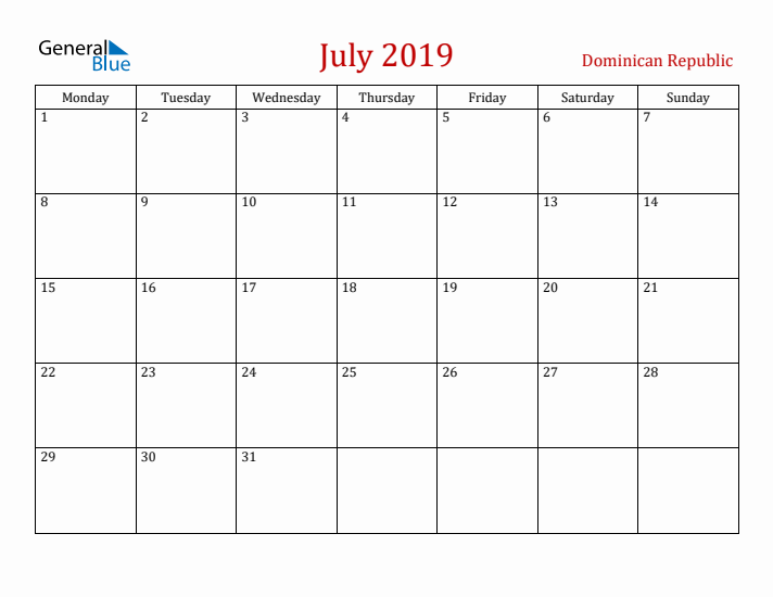 Dominican Republic July 2019 Calendar - Monday Start