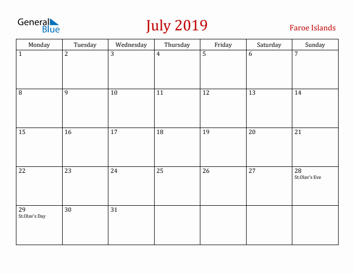 Faroe Islands July 2019 Calendar - Monday Start