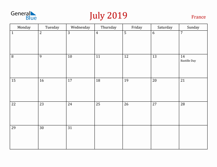 France July 2019 Calendar - Monday Start