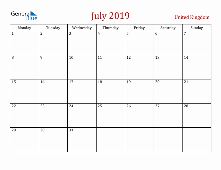 United Kingdom July 2019 Calendar - Monday Start