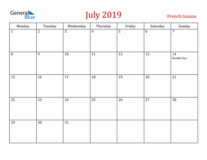 French Guiana July 2019 Calendar - Monday Start