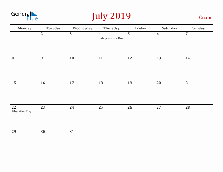 Guam July 2019 Calendar - Monday Start