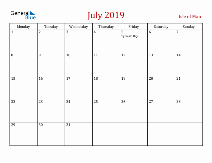 Isle of Man July 2019 Calendar - Monday Start