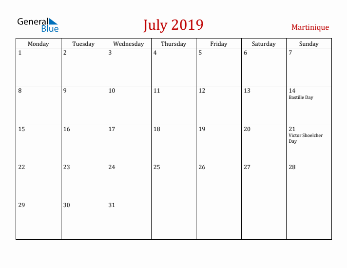 Martinique July 2019 Calendar - Monday Start