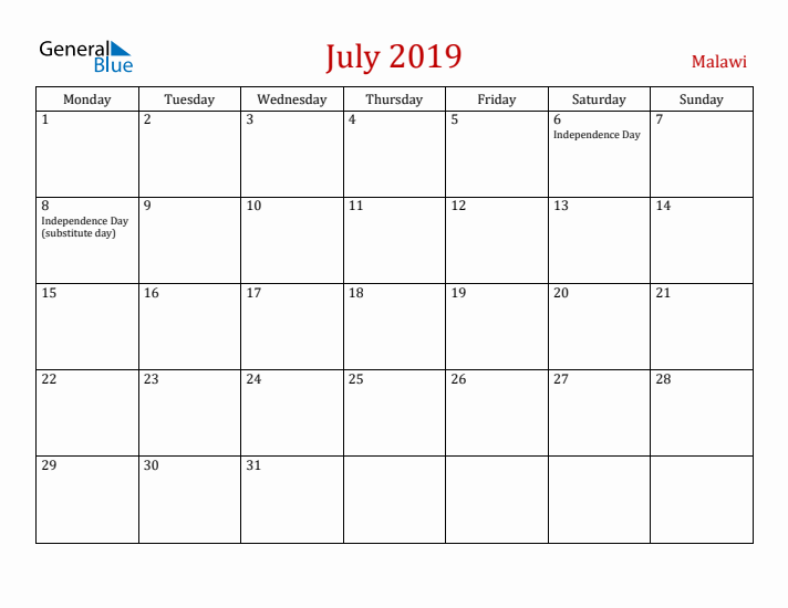 Malawi July 2019 Calendar - Monday Start