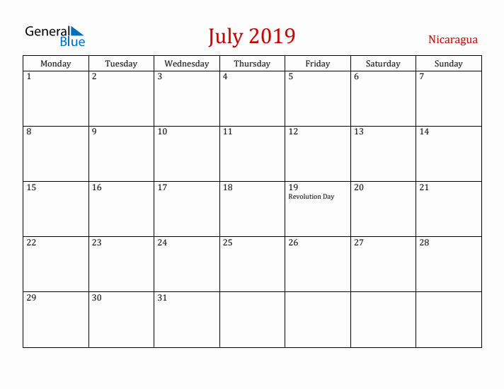 Nicaragua July 2019 Calendar - Monday Start