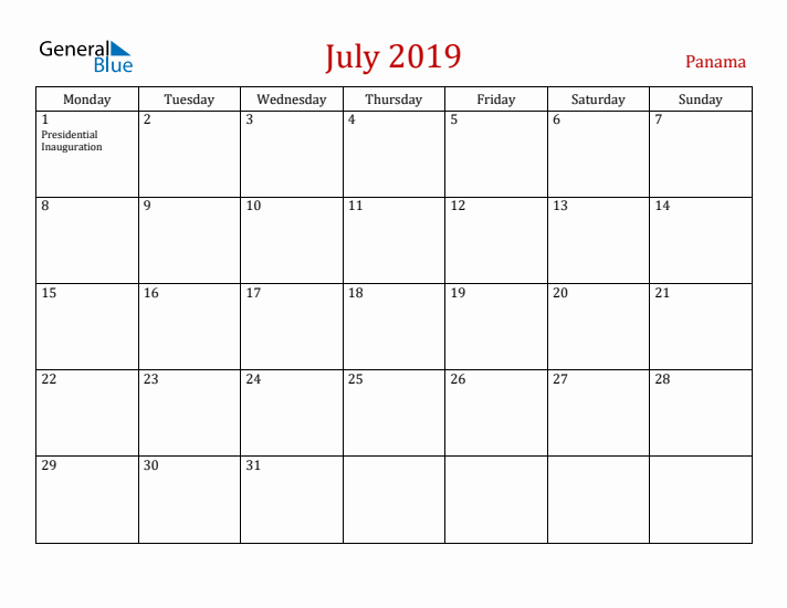 Panama July 2019 Calendar - Monday Start