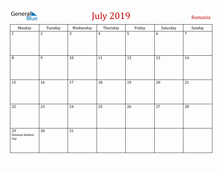 Romania July 2019 Calendar - Monday Start