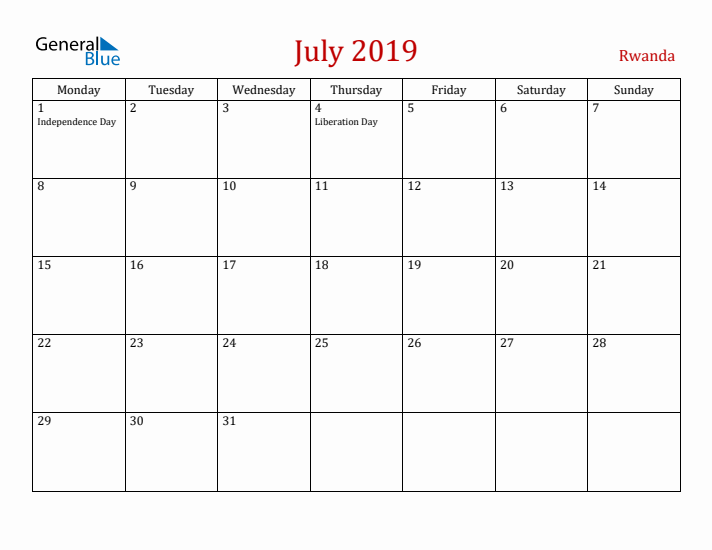 Rwanda July 2019 Calendar - Monday Start