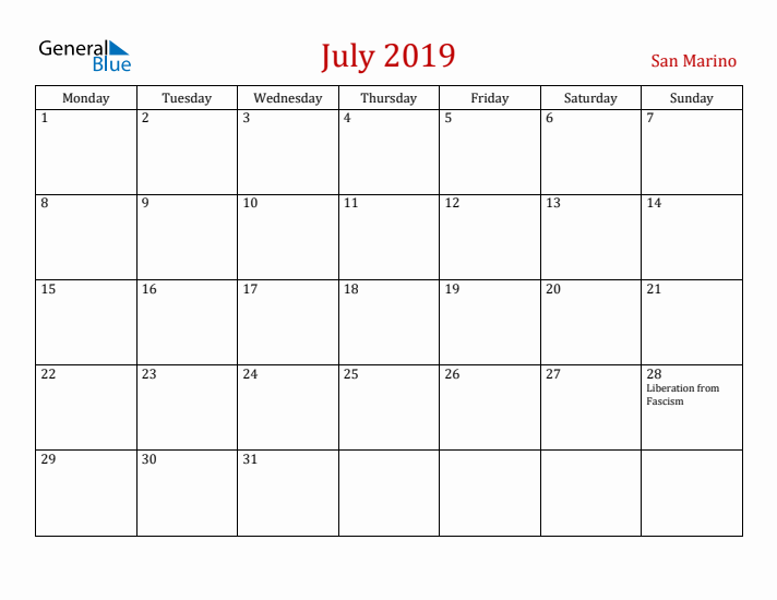 San Marino July 2019 Calendar - Monday Start
