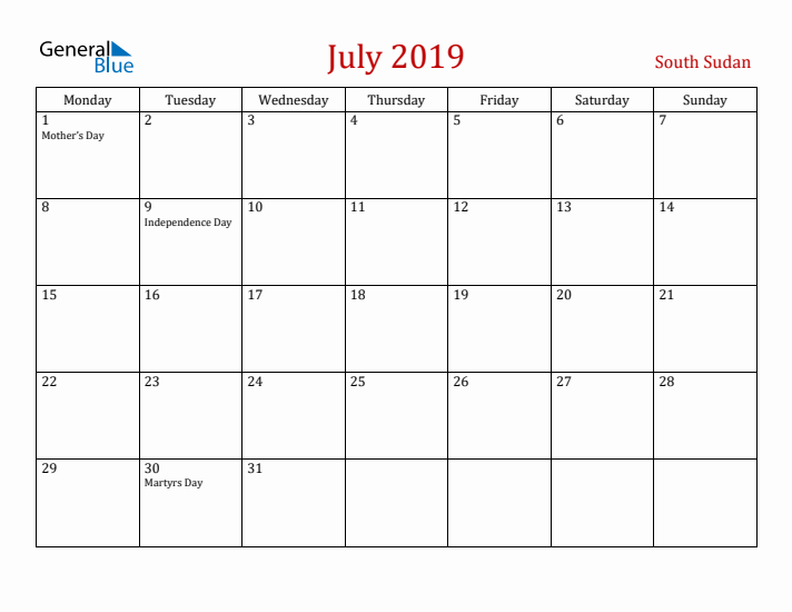 South Sudan July 2019 Calendar - Monday Start