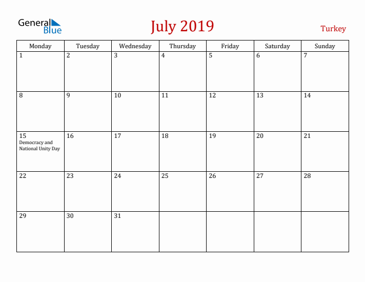 Turkey July 2019 Calendar - Monday Start
