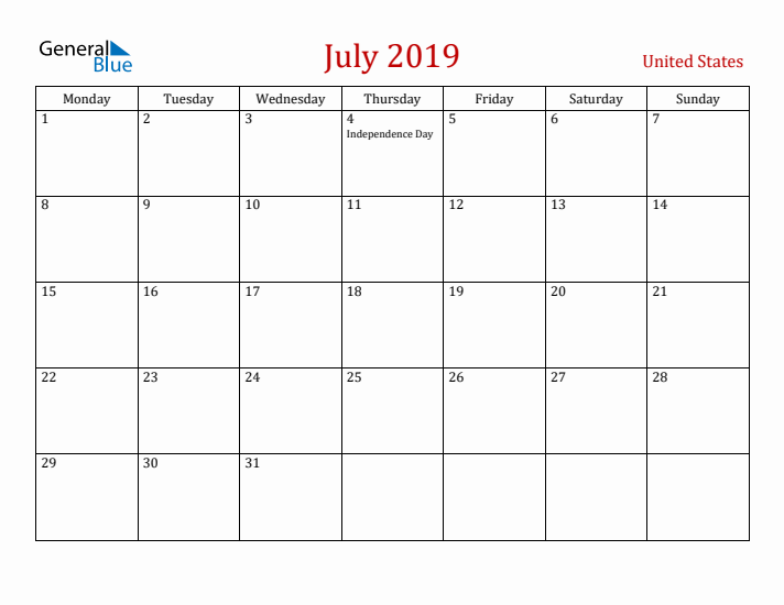United States July 2019 Calendar - Monday Start