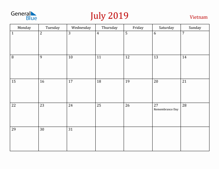 Vietnam July 2019 Calendar - Monday Start