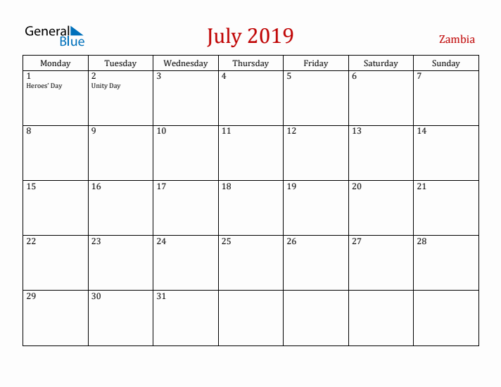 Zambia July 2019 Calendar - Monday Start