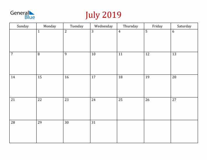 Blank July 2019 Calendar with Sunday Start