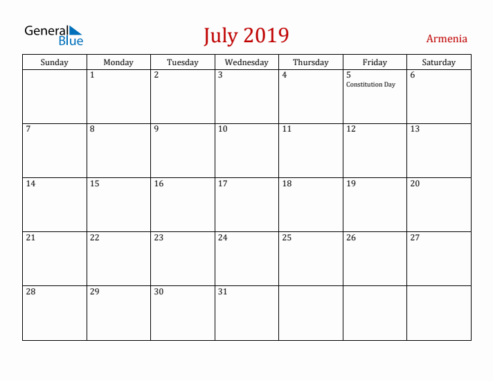 Armenia July 2019 Calendar - Sunday Start