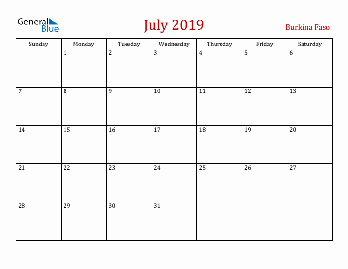 Burkina Faso July 2019 Calendar - Sunday Start