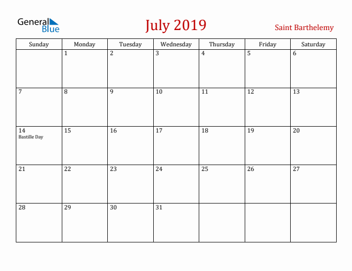 Saint Barthelemy July 2019 Calendar - Sunday Start
