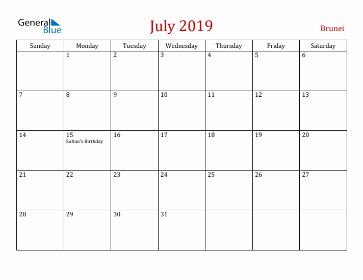 Brunei July 2019 Calendar - Sunday Start