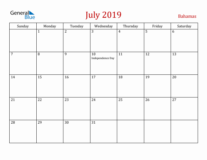 Bahamas July 2019 Calendar - Sunday Start