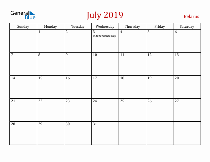 Belarus July 2019 Calendar - Sunday Start