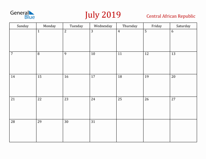 Central African Republic July 2019 Calendar - Sunday Start