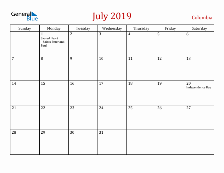 Colombia July 2019 Calendar - Sunday Start