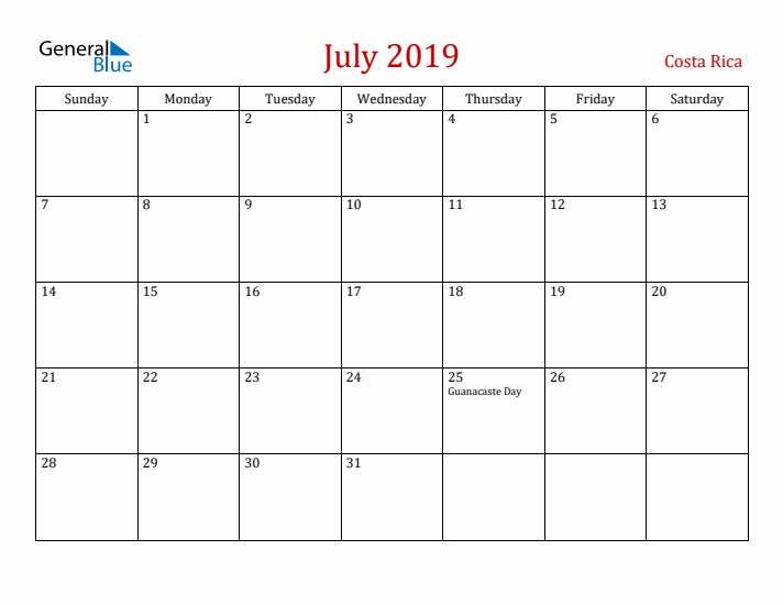 Costa Rica July 2019 Calendar - Sunday Start